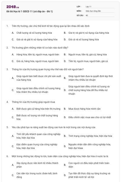 Đề thi Học kì 1 GDCD 11 (có đáp án - Đề 1)
