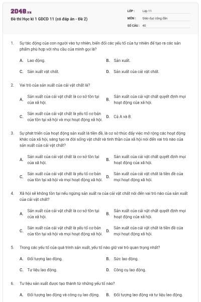 Đề thi Học kì 1 GDCD 11 (có đáp án - Đề 2)
