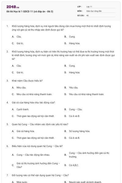 Đề thi Học kì 1 GDCD 11 (có đáp án - Đề 3)