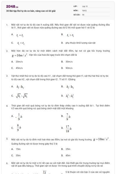 30 Bài tập Rơi tự do cơ bản, nâng cao có lời giải