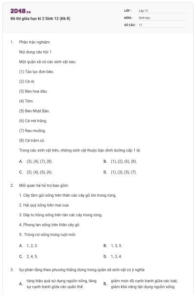 Đề thi giữa học kì 2 Sinh 12 (Đề 8)