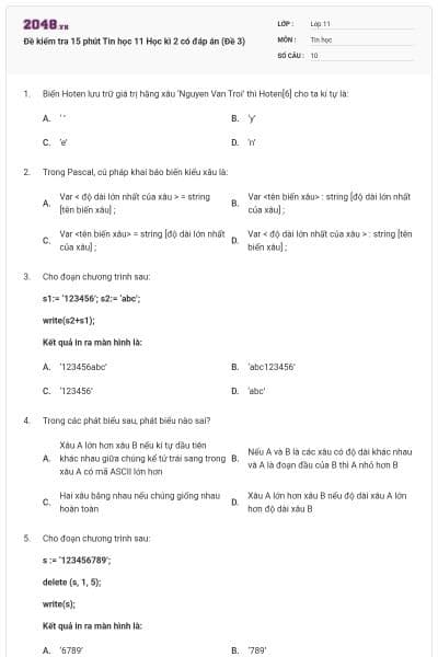 Đề kiểm tra 15 phút Tin học 11 Học kì 2 có đáp án (Đề 3)
