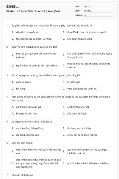 Đề kiểm tra 15 phút Sinh 12 Học kì 2 (Lần 4) (Đề 4)