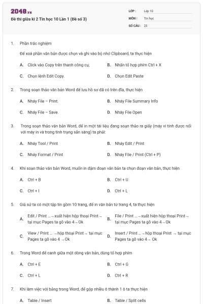 Đề thi giữa kì 2 Tin học 10 Lần 1 (Đề số 3)