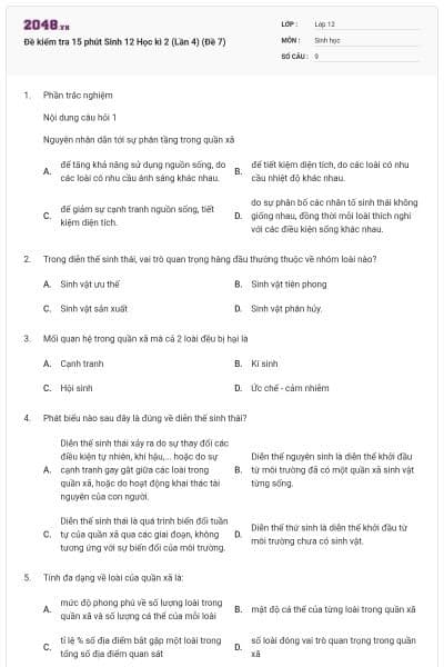 Đề kiểm tra 15 phút Sinh 12 Học kì 2 (Lần 4) (Đề 7)