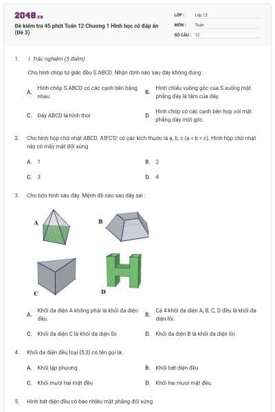 Đề kiểm tra 45 phút Toán 12 Chương 1 Hình học có đáp án (Đề 3)