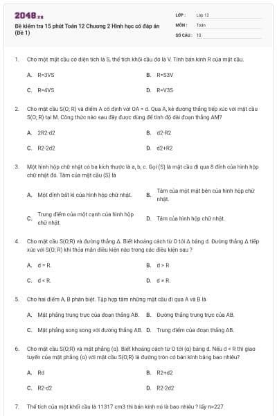 Đề kiểm tra 15 phút Toán 12 Chương 2 Hình học có đáp án (Đề 1)
