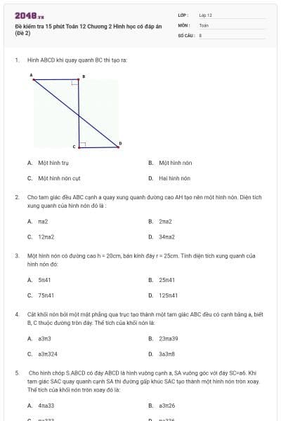 Đề kiểm tra 15 phút Toán 12 Chương 2 Hình học có đáp án (Đề 2)