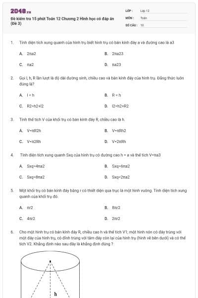 Đề kiểm tra 15 phút Toán 12 Chương 2 Hình học có đáp án (Đề 3)