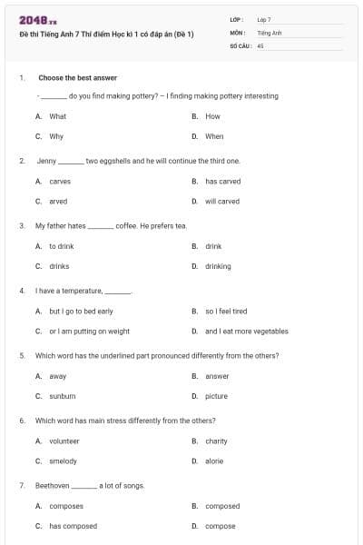 Đề thi Tiếng Anh 7 Thí điểm Học kì 1 có đáp án (Đề 1)