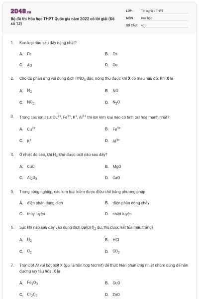 Bộ đề thi Hóa học THPT Quốc gia năm 2022 có lời giải (Đề số 13)
