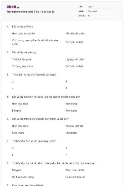 Trắc nghiệm Công nghệ 8 Bài 13 có đáp án