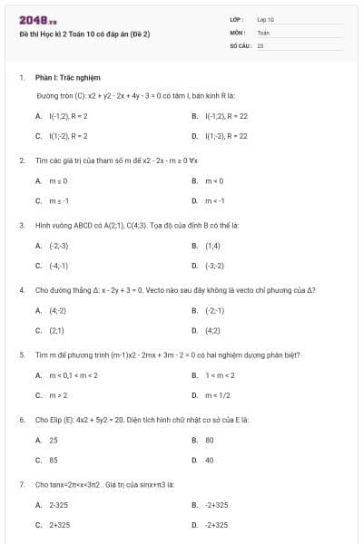 Đề thi Học kì 2 Toán 10 có đáp án (Đề 2)