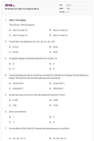 Đề thi Học kì 2 Toán 10 có đáp án (Đề 3)