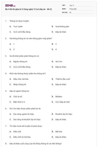 Bộ 4 Đề thi giữa kì 2 Công nghệ 12 (có đáp án - Đề 3)