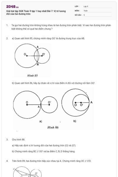 Giải bài tập SGK Toán 9 tập 1 hay nhất Bài 7: Vị trí tương đối của hai đường tròn