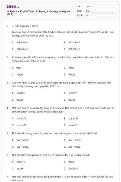 Đề kiểm tra 45 phút Toán 12 Chương 2 Hình học có đáp án (Đề 2)