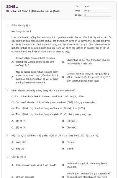 Đề thi học kì 2 Sinh 12 (Bài kiểm tra cuối kì) (Đề 8)