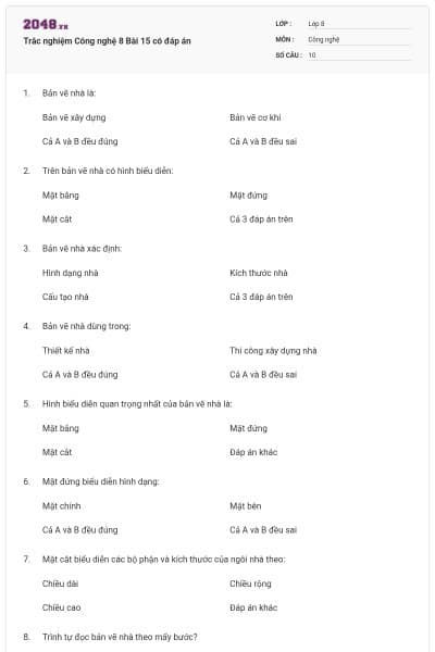 Trắc nghiệm Công nghệ 8 Bài 15 có đáp án