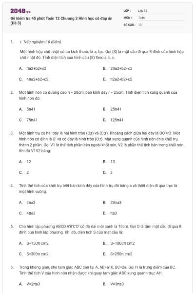 Đề kiểm tra 45 phút Toán 12 Chương 2 Hình học có đáp án (Đề 3)