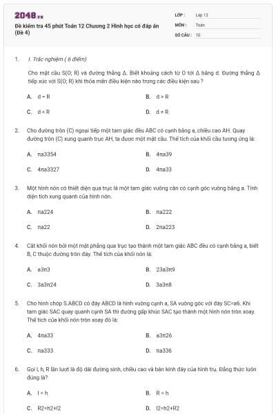 Đề kiểm tra 45 phút Toán 12 Chương 2 Hình học có đáp án (Đề 4)
