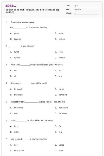 Đề kiểm tra 15 phút Tiếng Anh 7 Thí điểm Học kì 2 có đáp án (Đề 1)