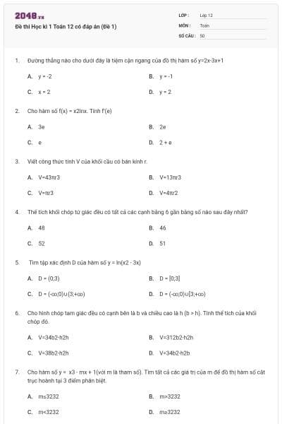 Đề thi Học kì 1 Toán 12 có đáp án (Đề 1)