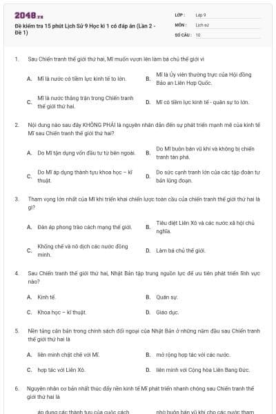 Đề kiểm tra 15 phút Lịch Sử 9 Học kì 1 có đáp án (Lần 2 - Đề 1)
