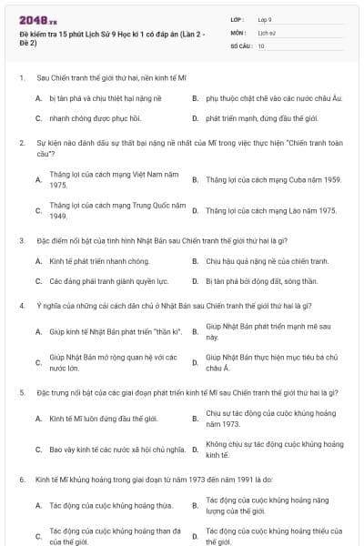 Đề kiểm tra 15 phút Lịch Sử 9 Học kì 1 có đáp án (Lần 2 - Đề 2)