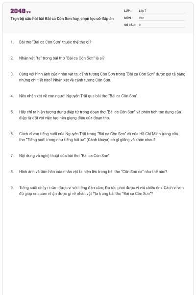 Trọn bộ câu hỏi bài Bài ca Côn Sơn hay, chọn lọc có đáp án