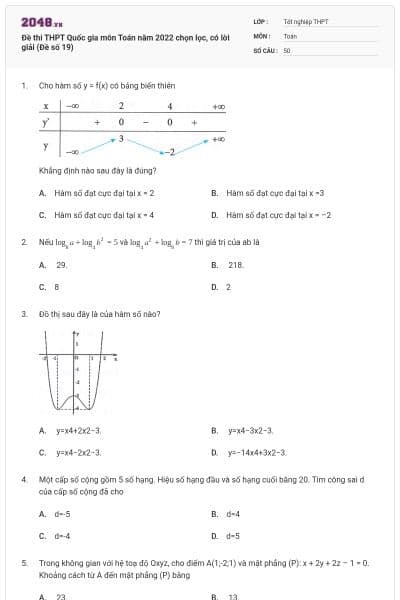 Đề thi THPT Quốc gia môn Toán năm 2022 chọn lọc, có lời giải (Đề số 19)
