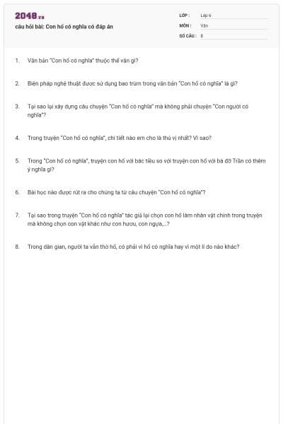 câu hỏi bài: Con hổ có nghĩa có đáp án