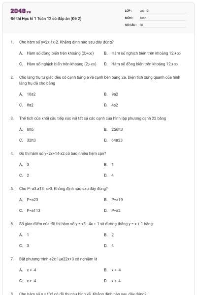 Đề thi Học kì 1 Toán 12 có đáp án (Đề 2)