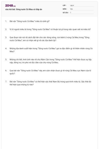 câu hỏi bài: Sông nước Cà Mau có đáp án