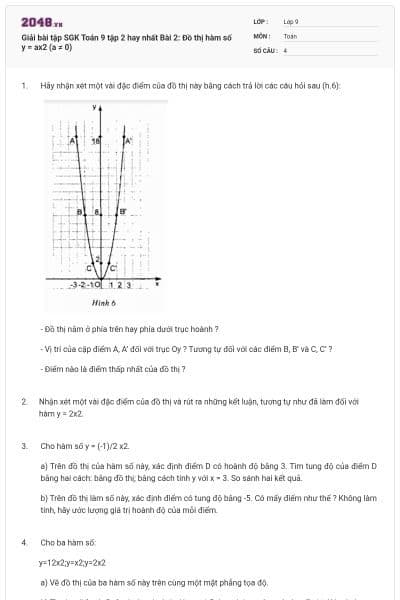 Giải bài tập SGK Toán 9 tập 2 hay nhất Bài 2: Đồ thị hàm số y = ax2 (a ≠ 0)