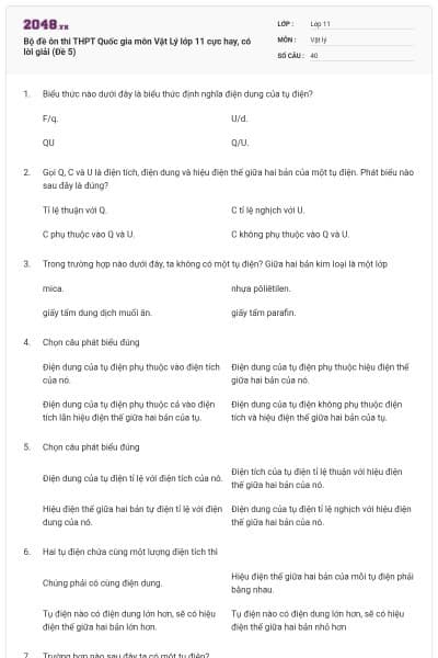 Bộ đề ôn thi THPT Quốc gia môn Vật Lý lớp 11 cực hay, có lời giải (Đề 5)