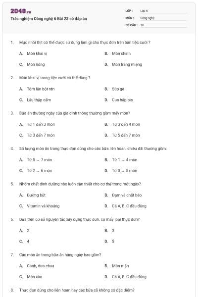 Trắc nghiệm Công nghệ 6 Bài 23 có đáp án