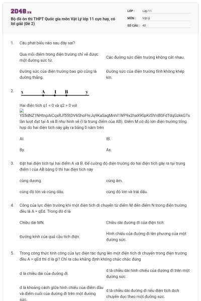 Bộ đề ôn thi THPT Quốc gia môn Vật Lý lớp 11 cực hay, có lời giải (Đề 2)