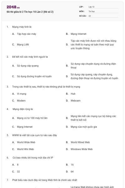 Đề thi giữa kì 2 Tin học 10 Lần 2 (Đề số 2)