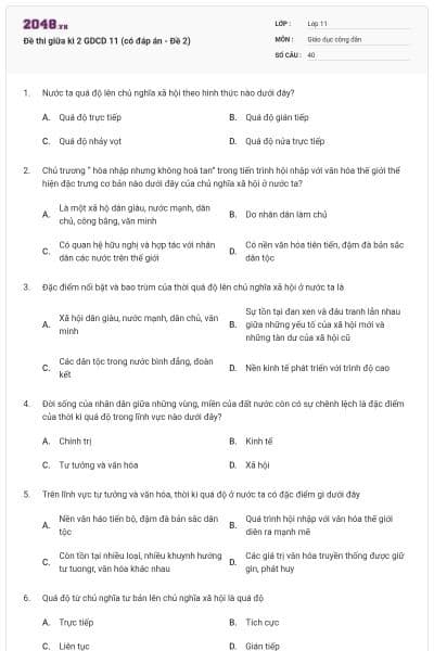 Đề thi giữa kì 2 GDCD 11 (có đáp án - Đề 2)