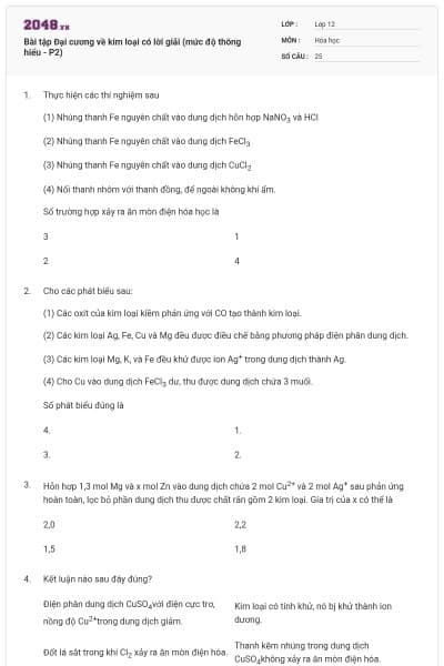 Bài tập Đại cương về kim loại có lời giải (mức độ thông hiểu - P2)