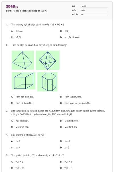 Đề thi Học kì 1 Toán 12 có đáp án (Đề 4)
