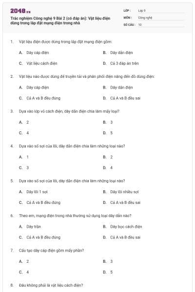 Trắc nghiệm Công nghệ 9 Bài 2 (có đáp án): Vật liệu điện dùng trong lắp đặt mạng điện trong nhà