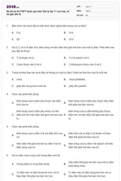 Bộ đề ôn thi THPT Quốc gia môn Vật Lý lớp 11 cực hay, có lời giải (Đề 5)