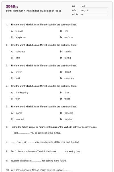 Đề thi Tiếng Anh 7 Thí điểm Học kì 2 có đáp án (Đề 5)