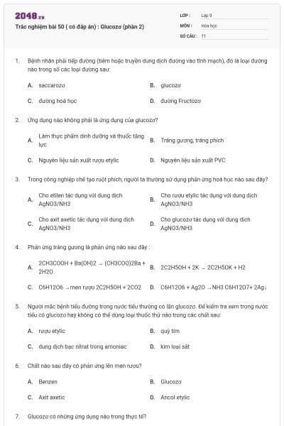 Trắc nghiệm bài 50 ( có đáp án) : Glucozơ (phần 2)
