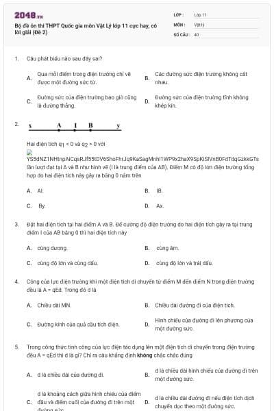 Bộ đề ôn thi THPT Quốc gia môn Vật Lý lớp 11 cực hay, có lời giải (Đề 2)