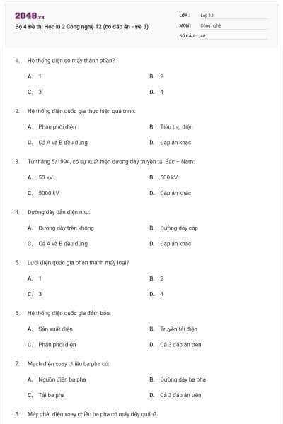 Bộ 4 Đề thi Học kì 2 Công nghệ 12 (có đáp án - Đề 3)