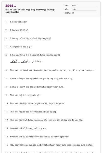 Giải bài tập SGK Toán 9 tập 2hay nhất Ôn tập chương 3 phần Hình Học
