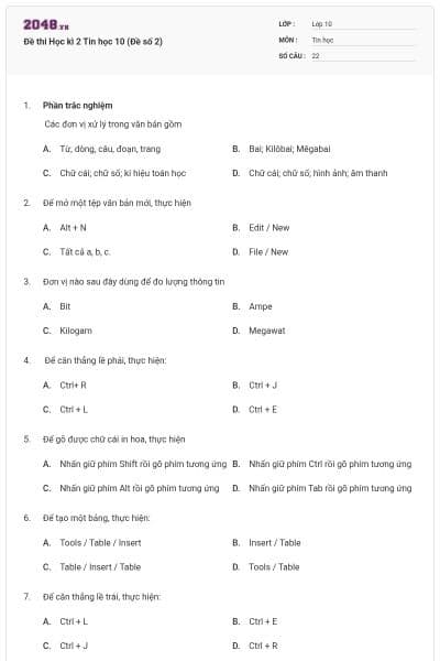 Đề thi Học kì 2 Tin học 10 (Đề số 2)